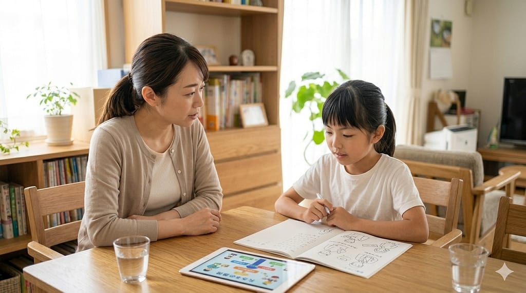 勉強しない子の将来について親子で話し合っている様子