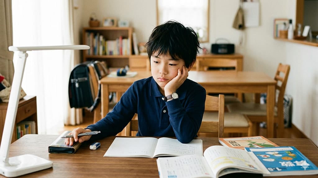 勉強が嫌いな小学生がノートを前に悩んでいる様子