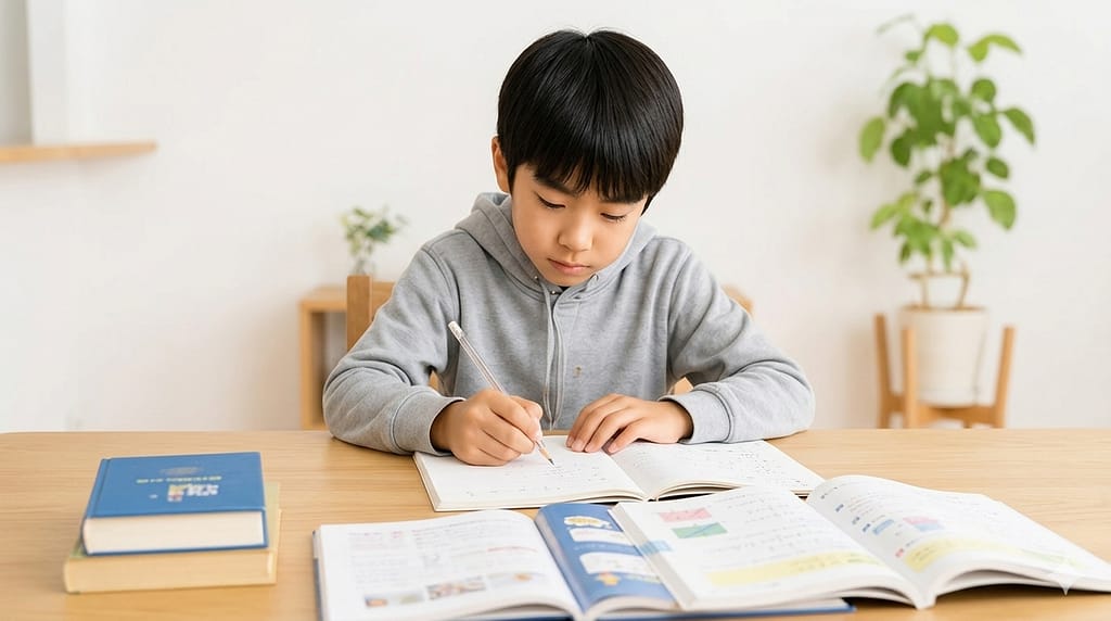英語や数学の教材を使って中学準備をする様子
