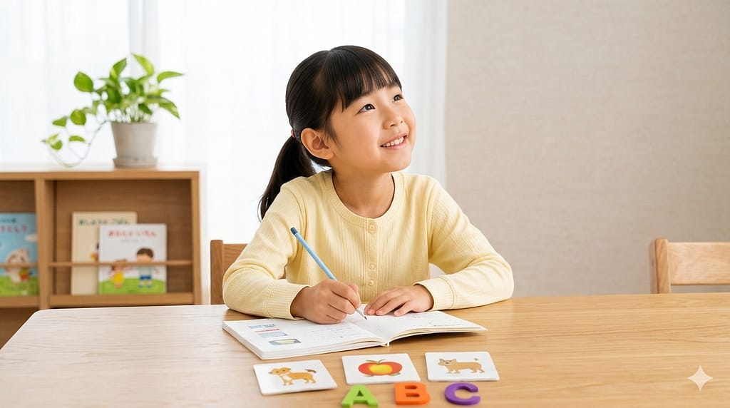 中学英語の準備として英語学習に取り組む小学生の様子