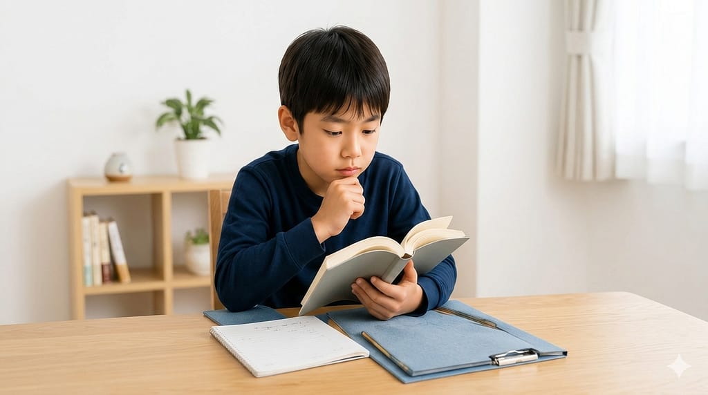 本を読みながら内容を理解しようとする小学生