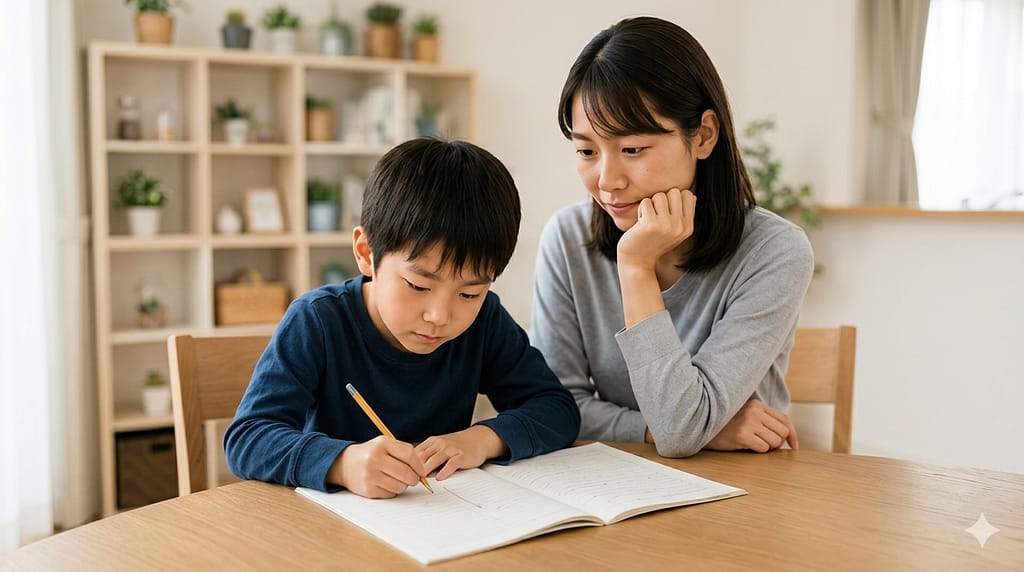 親が小学生に勉強の声かけを穏やかにしている様子