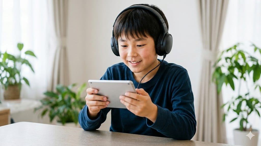 小学生がスマホゲームに夢中になる様子