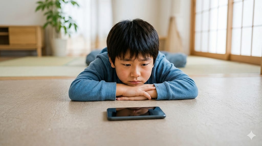 スマホを目の前に考え込む小学生