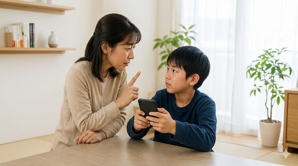 ゲームと勉強の時間を親子で話し合っている様子