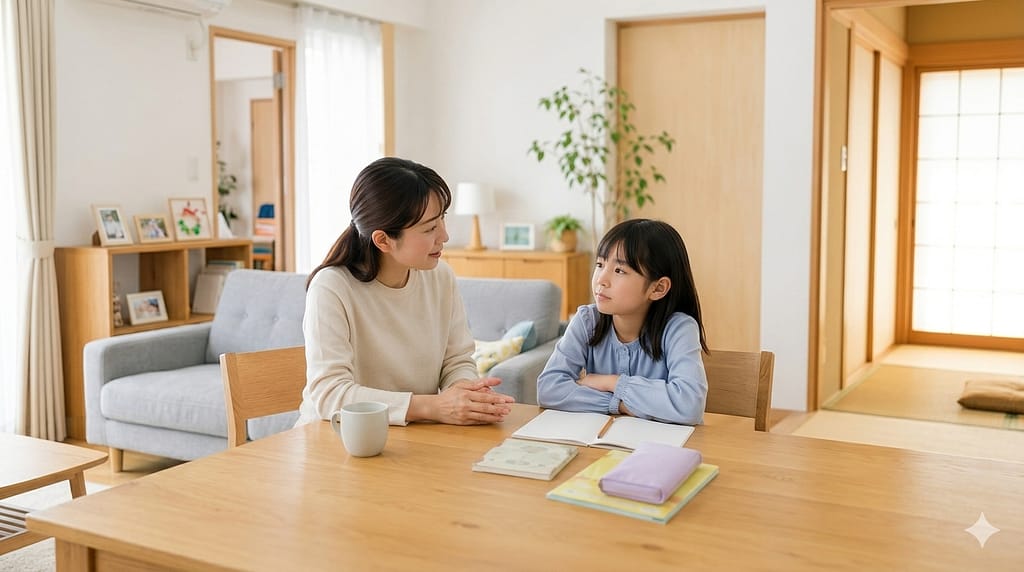 小学生の友達関係について親が子どもの話を聞いている様子
