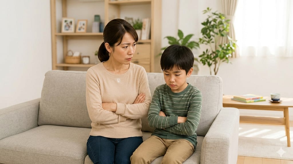 親の話を聞かない小学生に親が怒っている様子