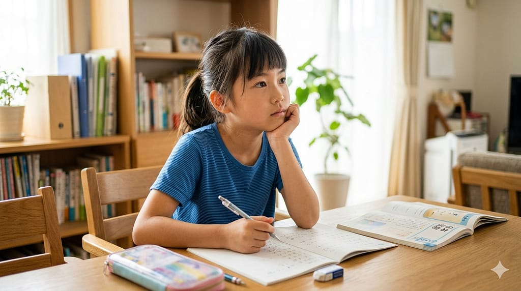 家庭学習の習慣づけのために机で勉強する小学生の様子