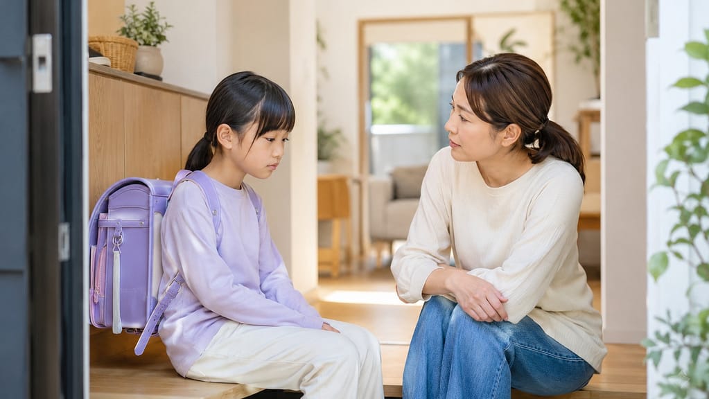 学校に行きたくない小学生の話を親が落ち着いて聞いている様子