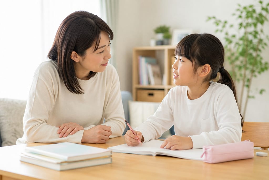 勉強中の小学生に親が落ち着いて寄り添っている様子