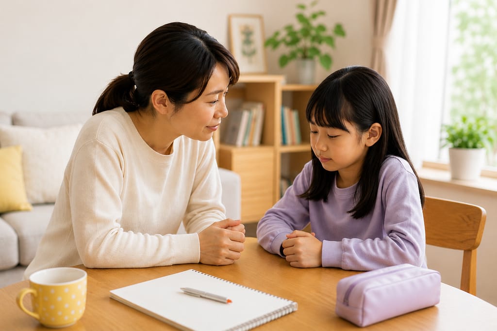 嘘をついてしまった小学生に親が落ち着いて話を聞いている様子