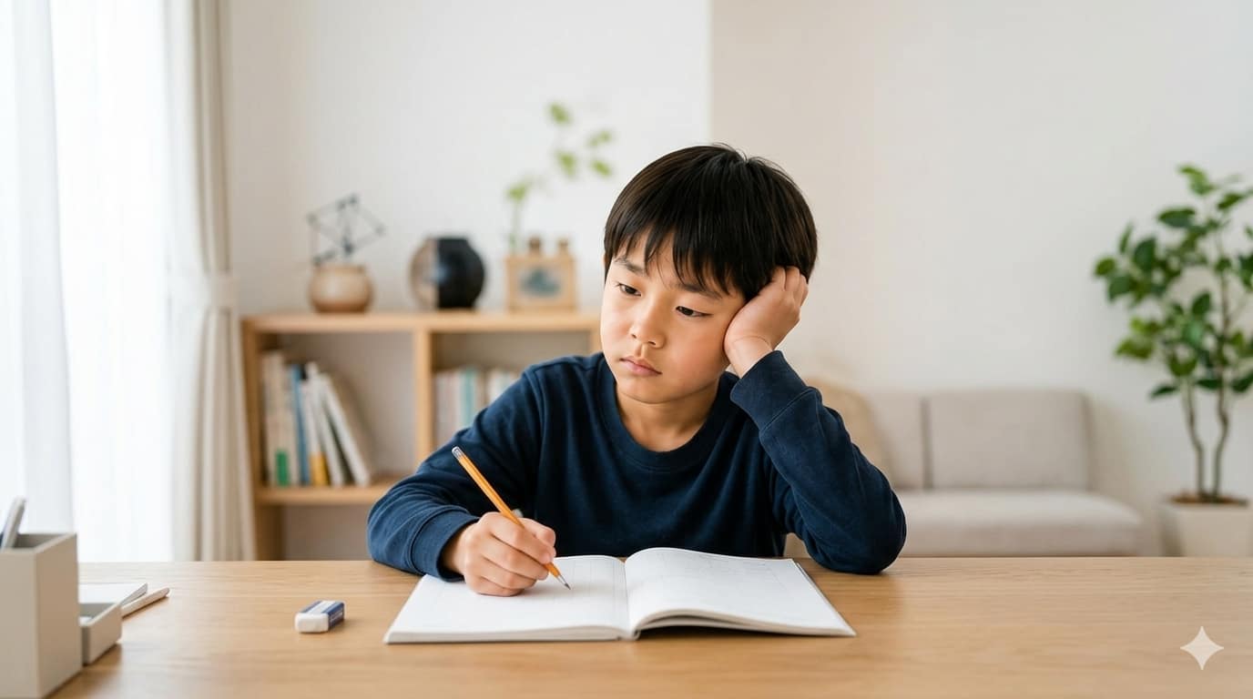 勉強に集中できずノートを前に考えている小学5年生の様子